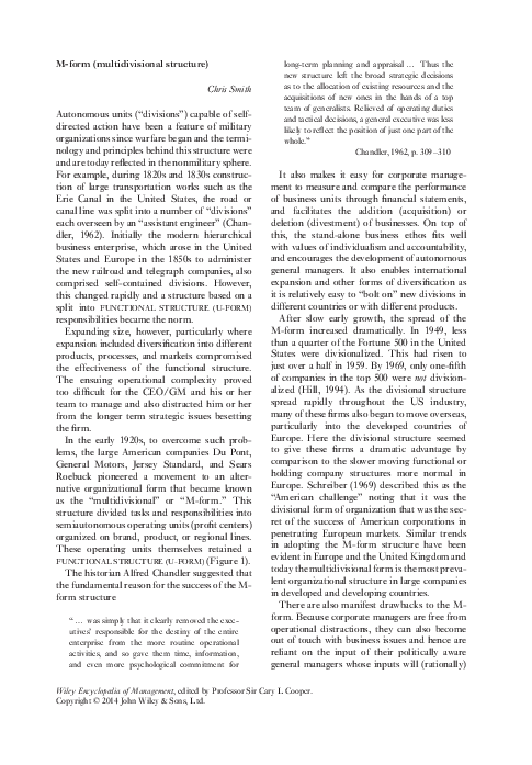 (PDF) M‐form (Multidivisional Structure) - Smith, C. (2015). M‐form ...