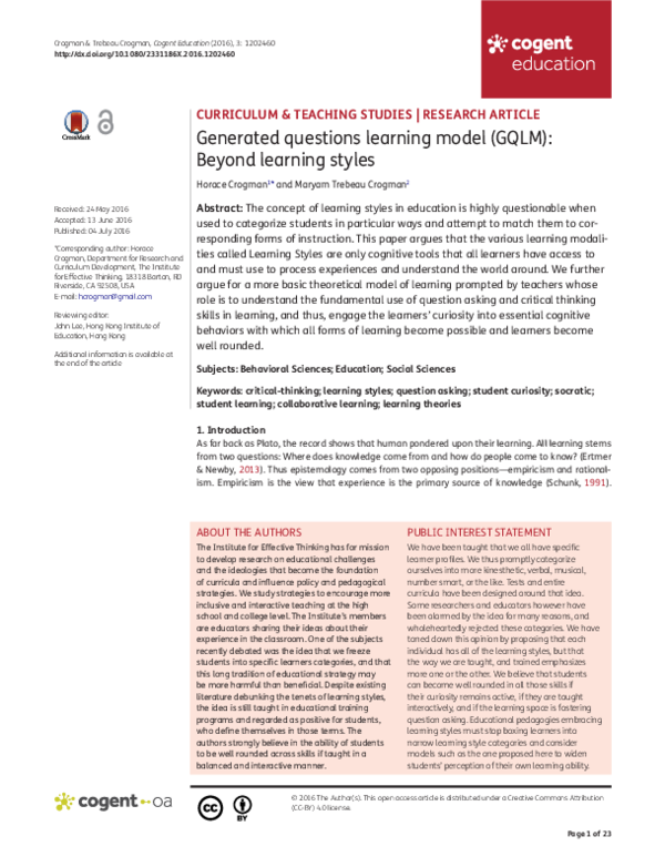 (PDF) Generated questions learning model (GQLM): Beyond learning styles