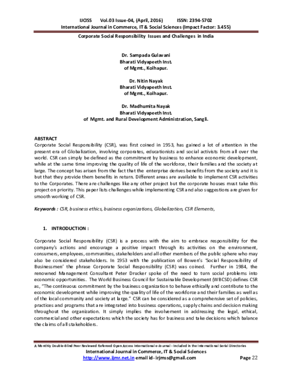 (PDF) Corporate Social Responsibility Issues and Challenges in India