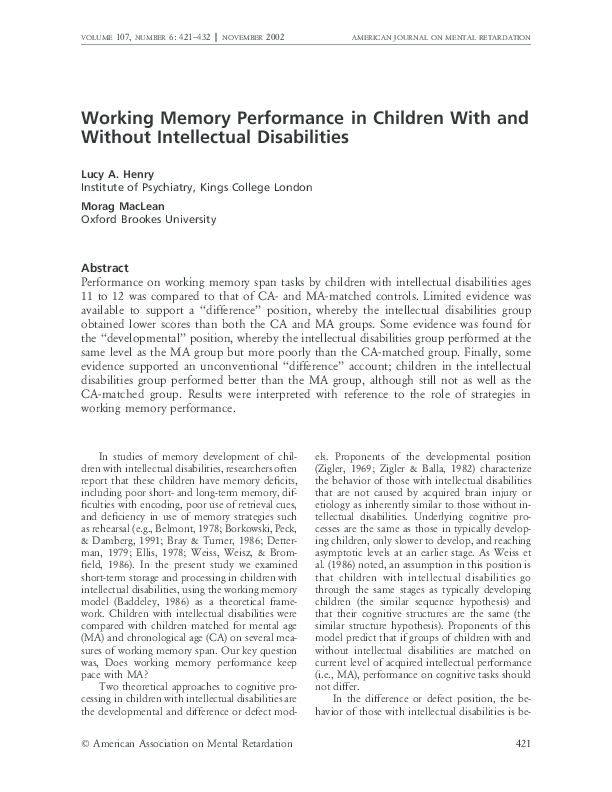 (PDF) Working Memory Performance In Children With and Without ...