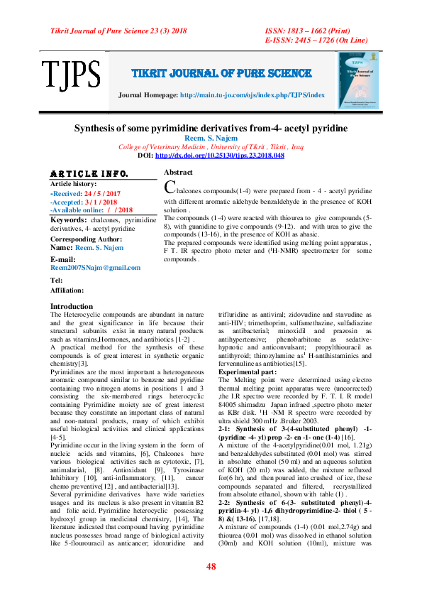 (PDF) Synthesis of some pyrimidine derivatives from-4-acetyl pyridine