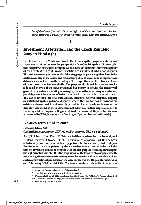 (PDF) Investment Arbitration and the Czech Republic: 2009 in Hindsight