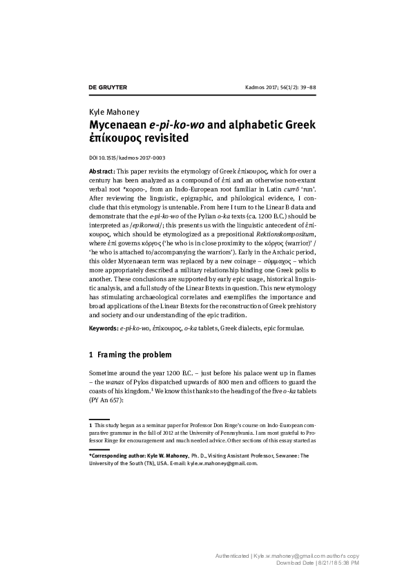 Pdf Mycenaean E Pi Ko Wo And Alphabetic Greek ἐpikoyros Revisited Kyle Mahoney Academia Edu