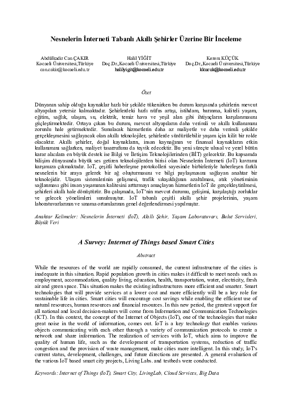 Nesnelerin İnterneti Tabanlı Akıllı Şehirler Üzerine Bir İnceleme