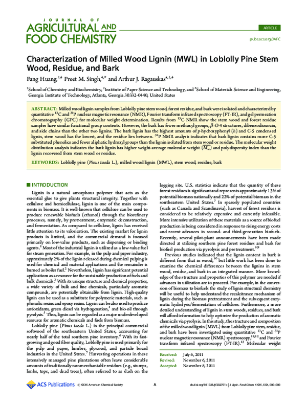 (PDF) Characterization of Milled Wood Lignin (MWL) in Loblolly Pine ...