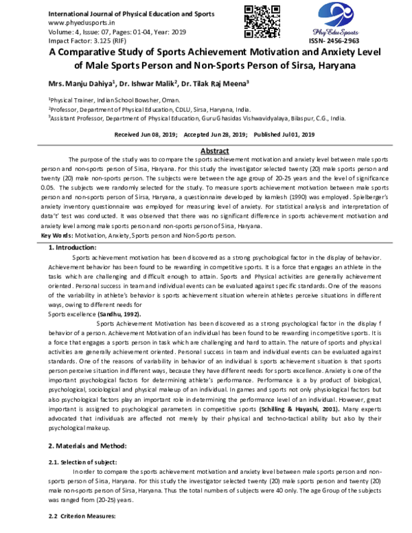 (PDF) A Comparative Study of Sports Achievement Motivation and Anxiety ...