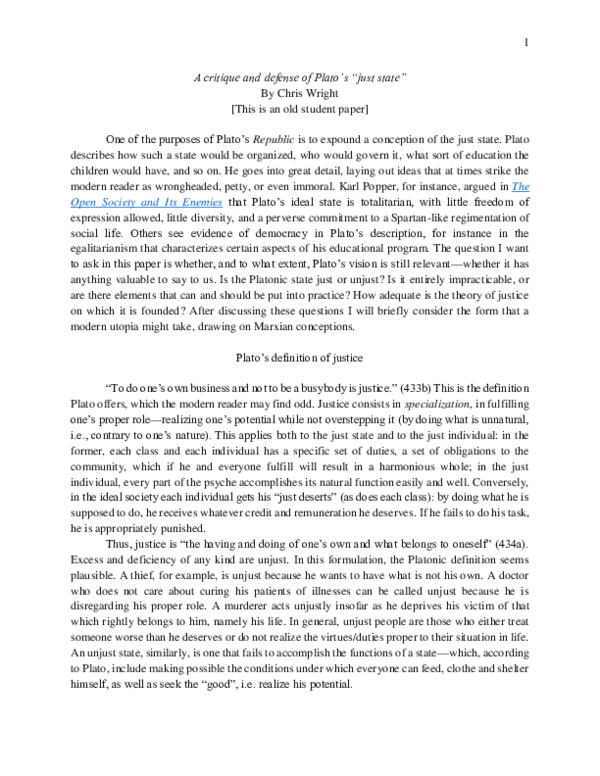 (PDF) A critique and defense of Plato's "just state" Chris Wright