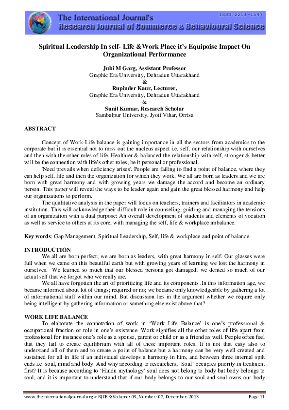 (PDF) Spiritual Leadership In self-Life &Work Place it's Equipoise ...