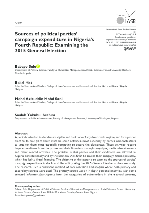 (PDF) Sources of political parties' campaign expenditure in Nigeria's ...