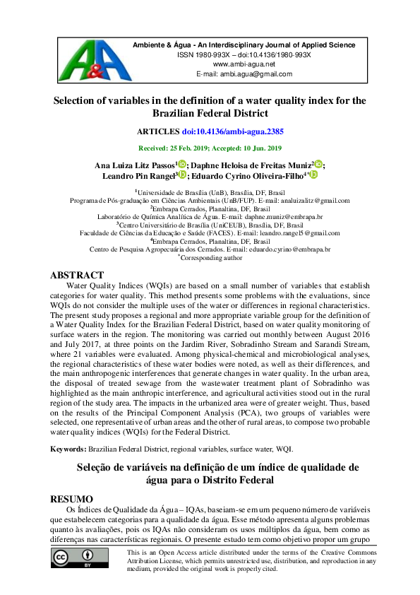 (PDF) Selection of variables in the definition of a water quality index ...