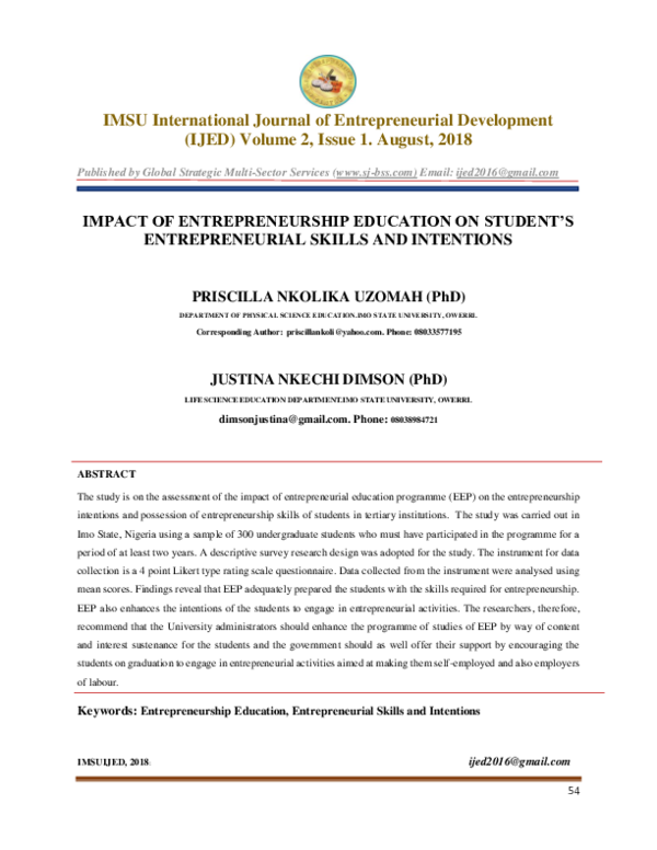 (PDF) IMPACT OF ENTREPRENEURSHIP EDUCATION ON STUDENT'S ENTREPRENEURIAL ...