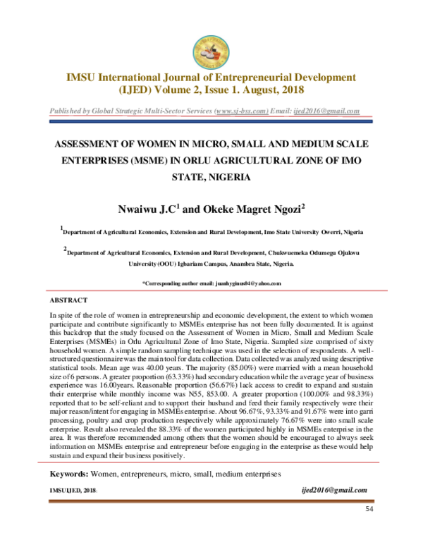 (PDF) ASSESSMENT OF WOMEN IN MICRO, SMALL AND MEDIUM SCALE ENTERPRISES ...