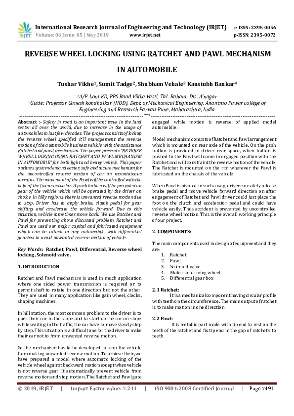 (PDF) IRJET REVERSE WHEEL LOCKING USING RATCHET AND PAWL MECHANISM IN