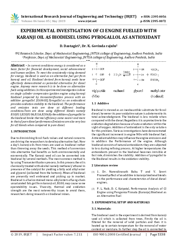 (PDF) EXPERIMENTAL INVESTIGATION OF CI ENGINE FUELLED WITH KARANJI OIL ...