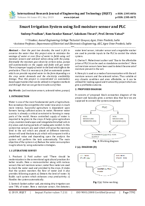 (PDF) IRJET- Smart Irrigation System using Soil moisture sensor and PLC