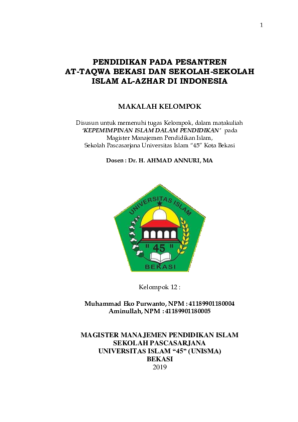 Pdf Pendidikan Pada Pesantren At Taqwa Bekasi Dan Sekolah Sekolah Islam Al Azhar Di Indonesia Muhammad Eko Purwanto Academia Edu