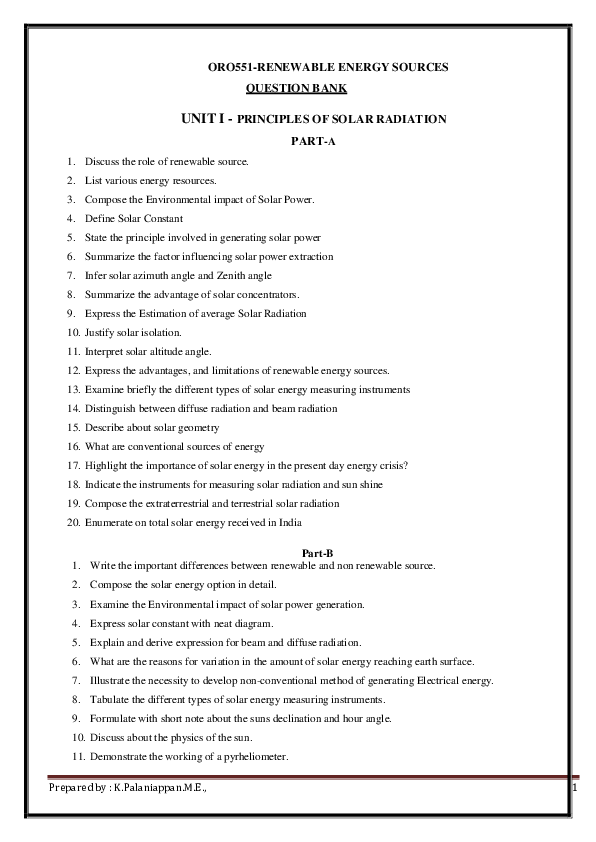  DOC ORO551 RENEWABLE ENERGY SOURCES QUESTION BANK UNIT I PRINCIPLES 