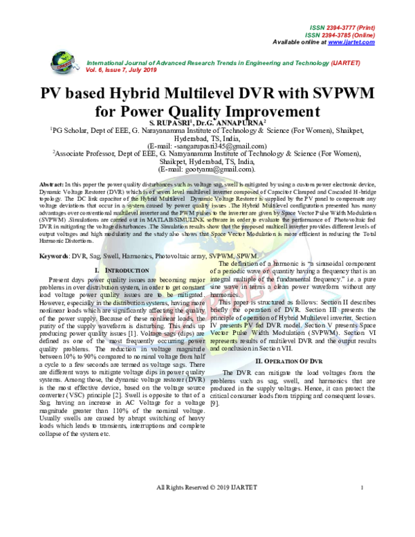 (PDF) PV based Hybrid Multilevel DVR with SVPWM for Power Quality ...