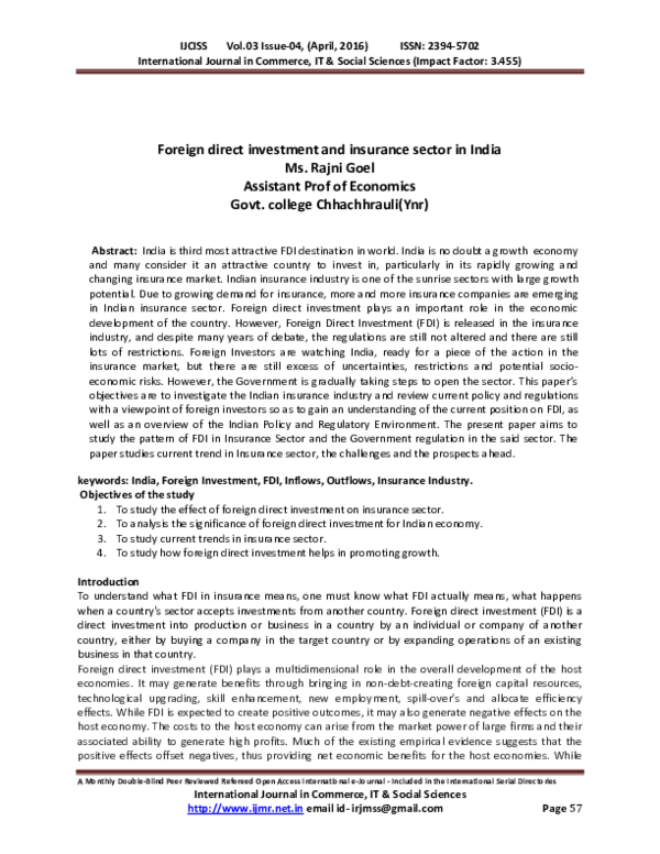 (PDF) Foreign direct investment and insurance sector in India