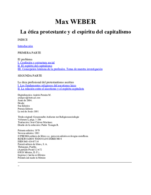 (PDF) Max WEBER La ética protestante y el espíritu del capitalismo Emily Torres Smith