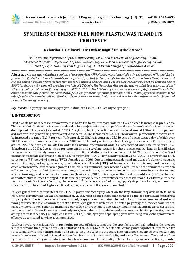 (PDF) IRJET SYNTHESIS OF ENERGY FUEL FROM PLASTIC WASTE AND ITS