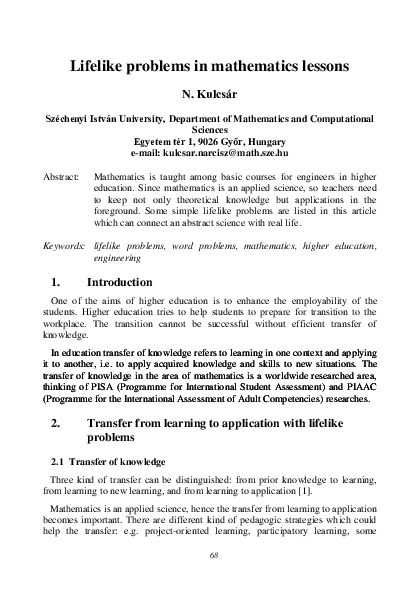 (PDF) Lifelike problems in mathematics lessons