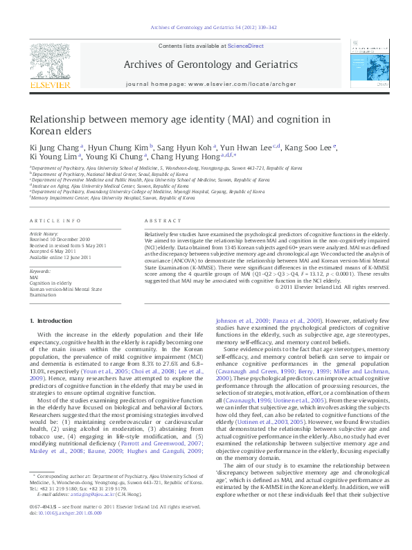 (PDF) Relationship between memory age identity (MAI) and cognition in ...