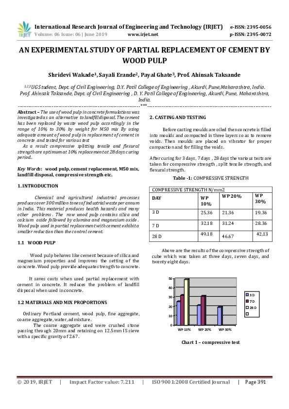 (PDF) IRJET- AN EXPERIMENTAL STUDY OF PARTIAL REPLACEMENT OF CEMENT BY ...