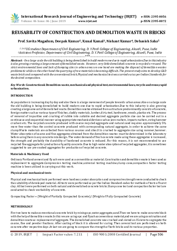 (PDF) IRJET- REUSABILITY OF CONSTRUCTION AND DEMOLITION WASTE IN BRICKS