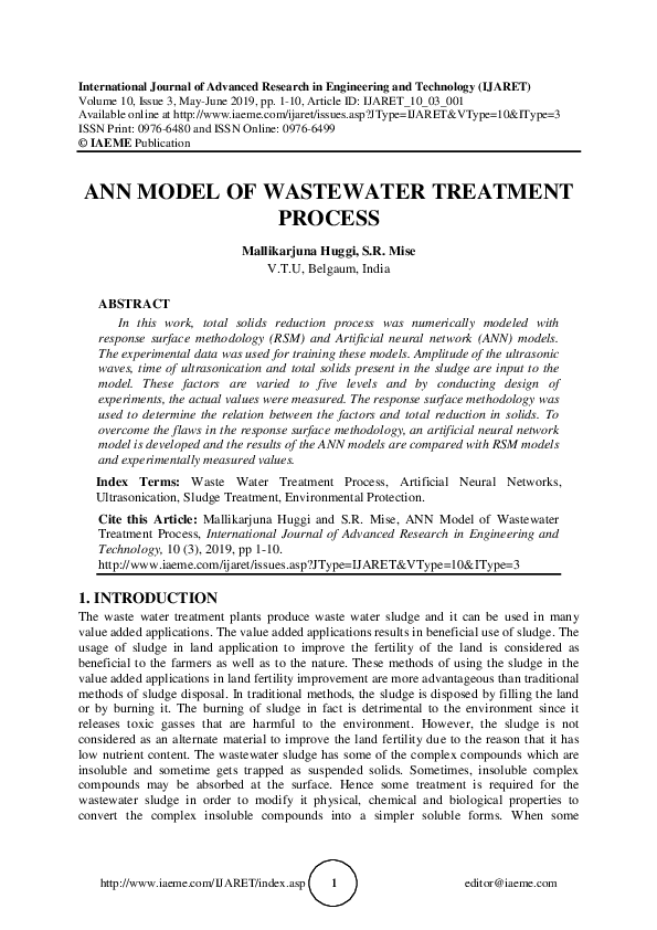(PDF) ANN MODEL OF WASTEWATER TREATMENT PROCESS Iaeme Publication