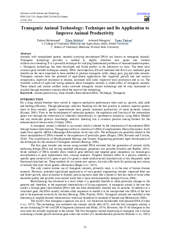 (PDF) Transgenic Animal Technology: Technique and Its Application to ...