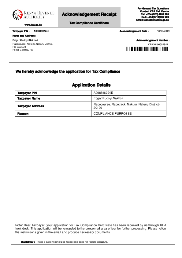 (PDF) Acknowledgement Receipt for Tax Compliance Certificate EDGAR