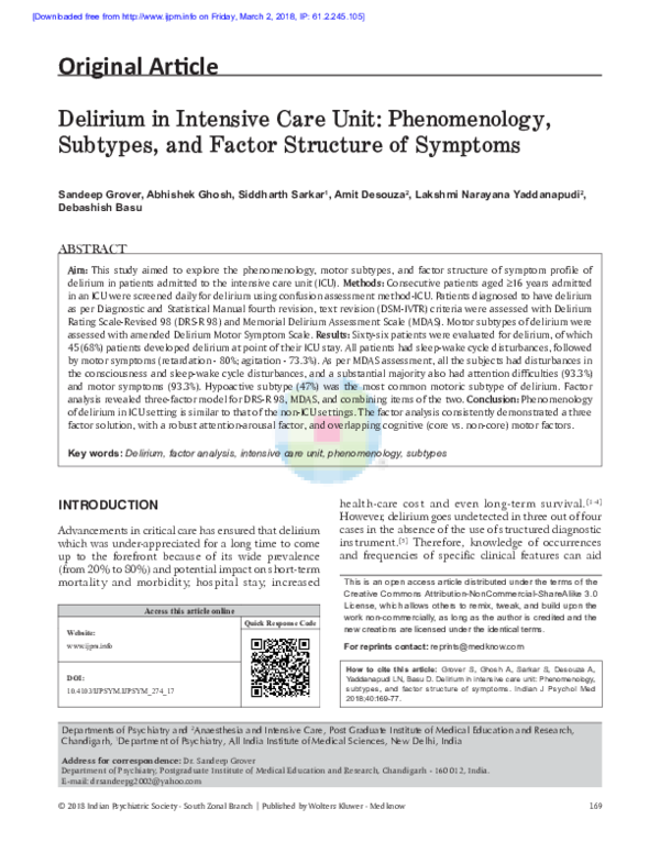 (PDF) Delirium in Intensive Care Unit: Phenomenology, Subtypes, and ...