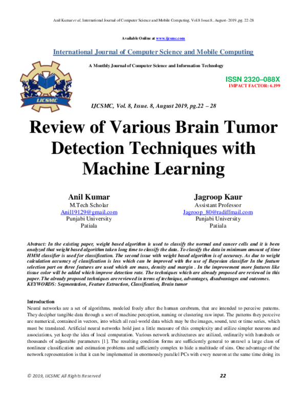 (PDF) Review of Various Brain Tumor Detection Techniques with Machine ...