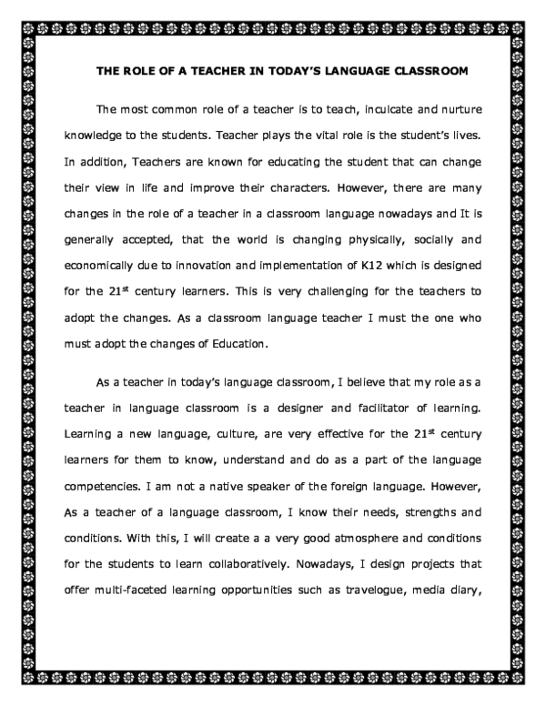 (DOC) THE ROLE OF A TEACHER IN TODAY'S LANGUAGE CLASSROOM