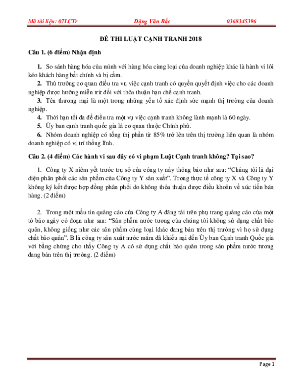 First page of “[6] ĐỀ THI LUẬT CẠNH TRANH”