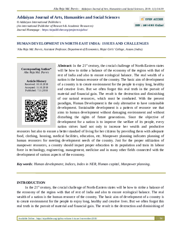 (PDF) HUMAN DEVELOPMENT IN NORTH-EAST INDIA: ISSUES AND CHALLENGES