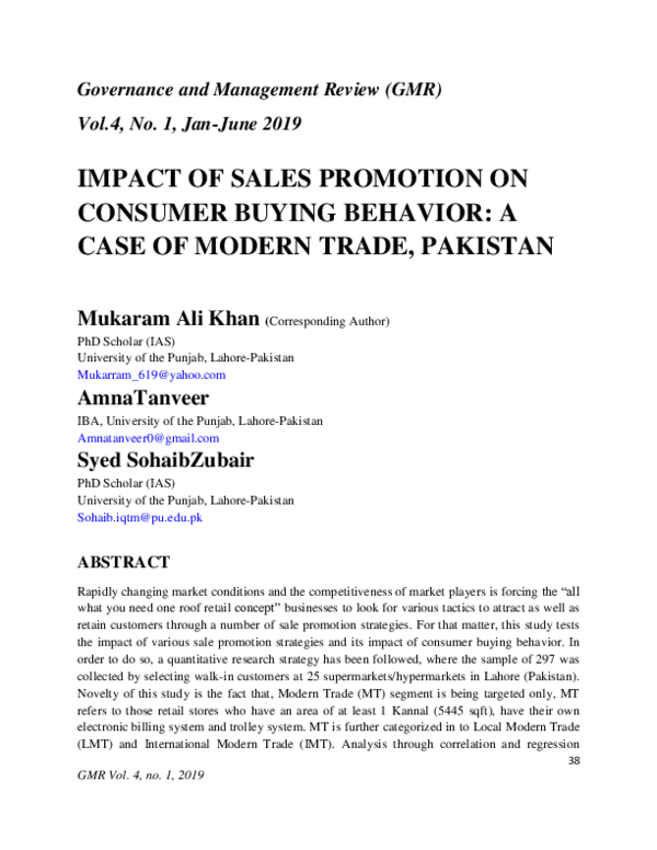 (PDF) Impact of sales promotion on consumer buying behavior: a case of ...