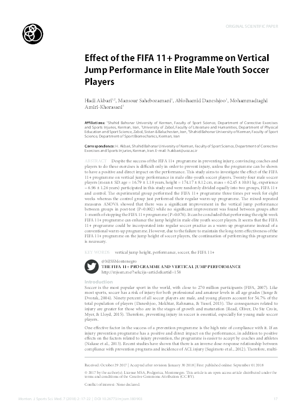 (PDF) Effect of the FIFA 11+ Programme on Vertical Jump Performance in ...