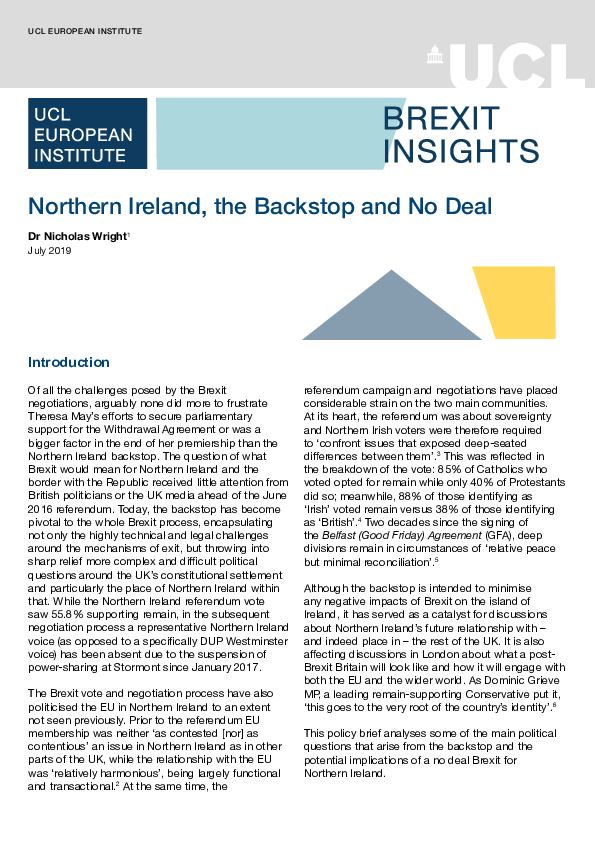 (PDF) Northern Ireland, the Backstop and No Deal Nicholas Wright
