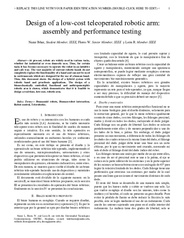 (PDF) Design of a low-cost teleoperated robotic arm: Assembly and ...
