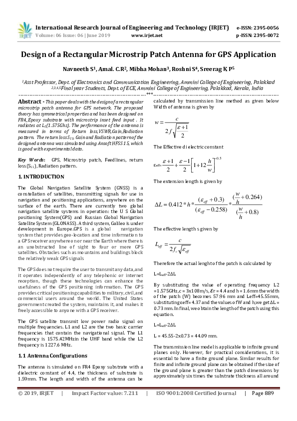 (PDF) IRJET- Design of a Rectangular Microstrip Patch Antenna for GPS ...