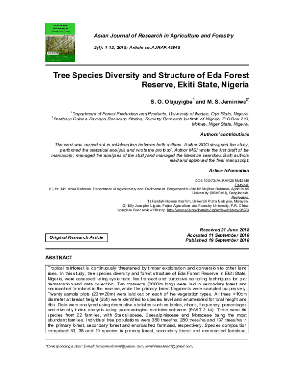 (PDF) Tree Species Diversity and Structure of Eda Forest Reserve, Ekiti ...