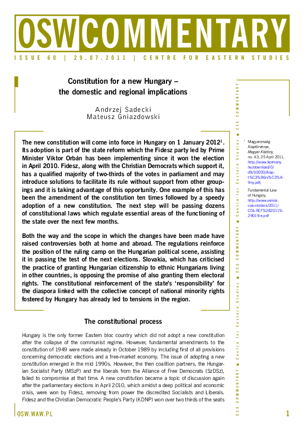 Constitution for a new Hungary – the domestic and regional implications