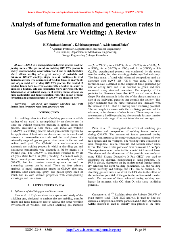 (PDF) Analysis of fume formation and generation rates in Gas Metal Arc