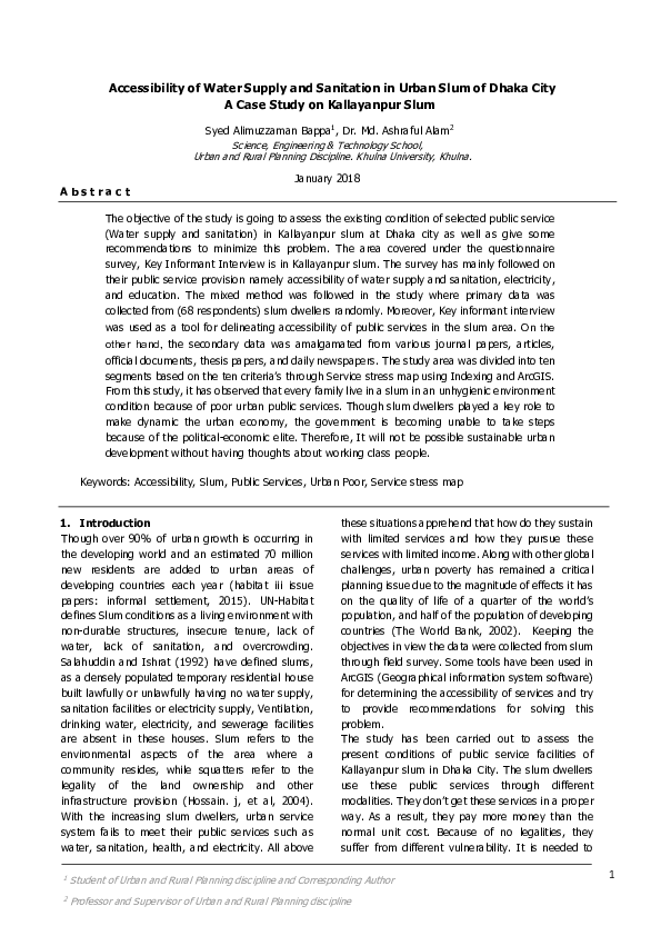 (PDF) Accessibility of Water Supply and Sanitation in Urban Slum of ...