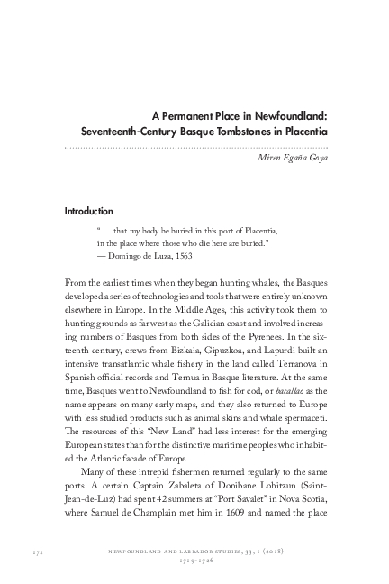 Miren Egaña Goya. A Permanent Place in Newfoundland: Seventeenth-Century Basque Tombstones in Placentia