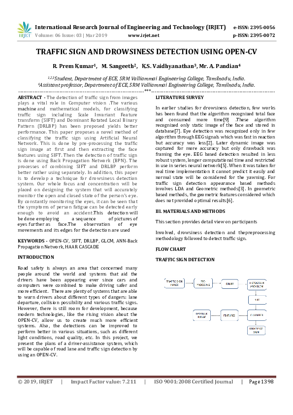 (PDF) IRJET- TRAFFIC SIGN AND DROWSINESS DETECTION USING OPEN-CV