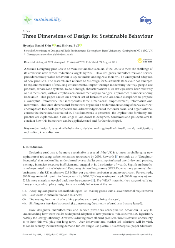 (PDF) Three Dimensions of Design for Sustainable Behaviour