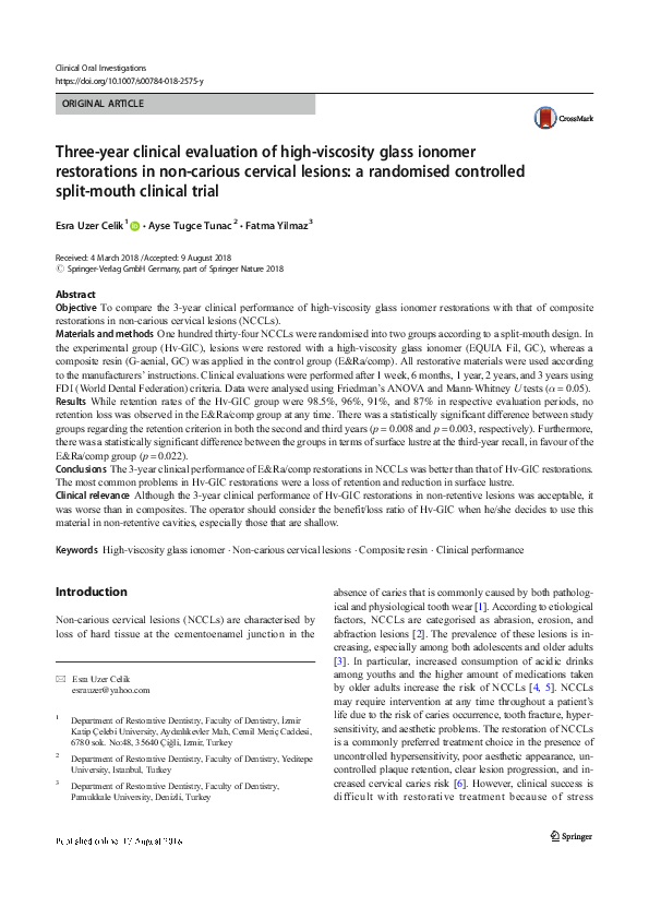 (PDF) Threeyear clinical evaluation of highviscosity glass ionomer restorations in noncarious
